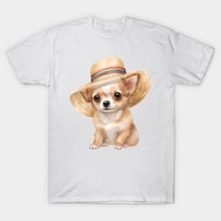 Watercolor Chihuahua Dog in Straw Hat T-Shirt